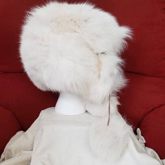 White Mink Reversible Trapper Hat Zebra Design Interior Pom Poms Leather Strap main image 8